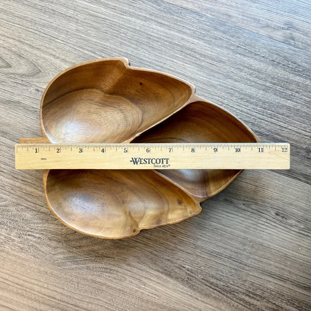 Vintage Monkey Pod Wood Leaf Serving Tray 3 Compartment Hand Carved Dish 11in